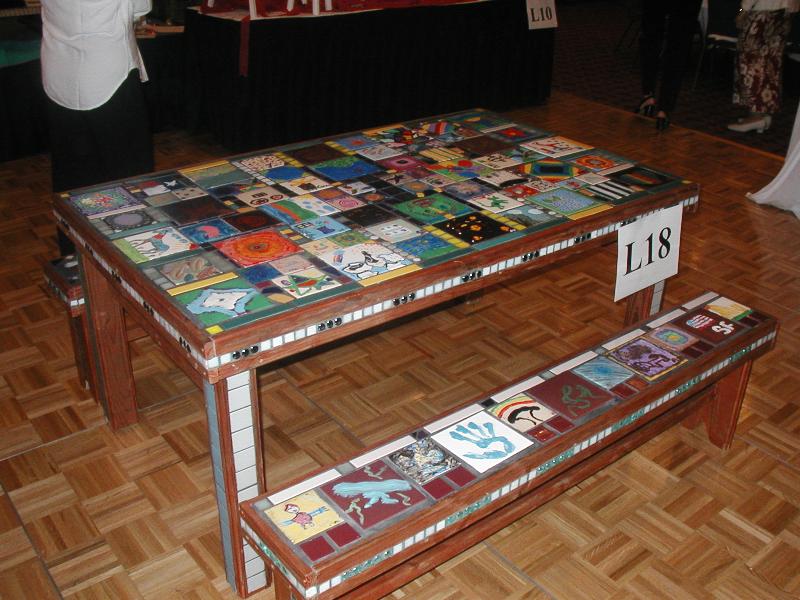 Handmade table with tile inlay, by one of the upper elementary classes. (4-5-6 graders).