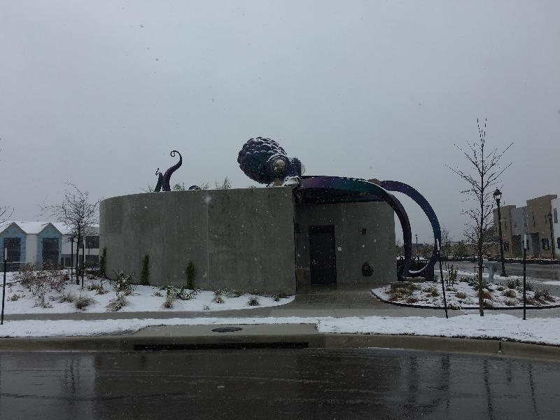 Octopus sculpture in Mueller with the snow