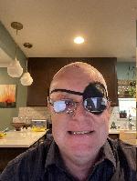 At home, T + 4 days. Bought a real eye patch. 
