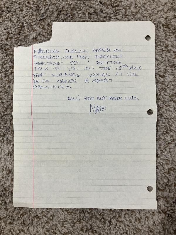Page two of a very strange letter from Nate.  