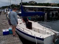 Julie prepares to board the boat