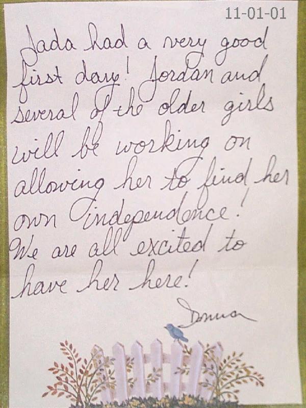 Note from Jada's (and Jordan's) teacher on her first day at AMS