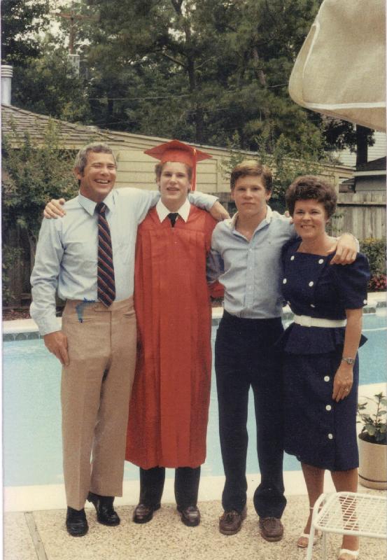 An old scan - Steve, Scott, Mom and Dad poolside for Steve's graduation.<br/>