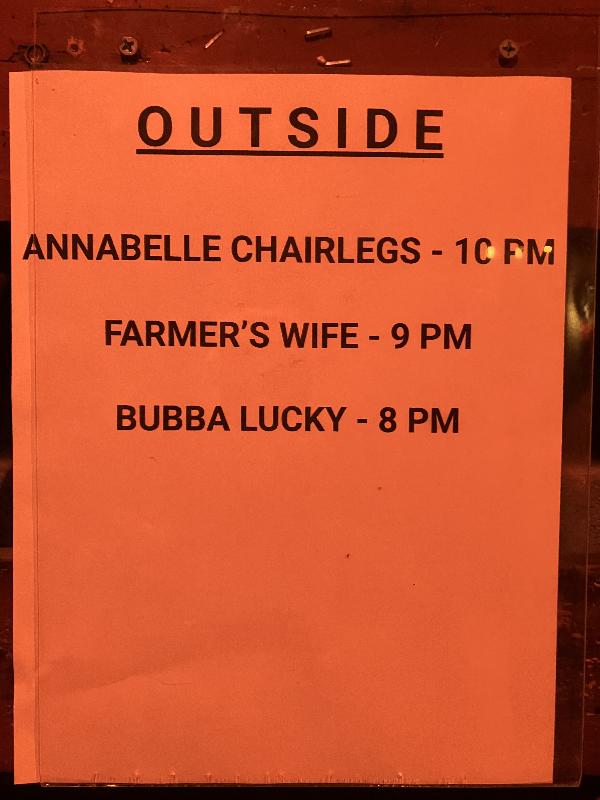 The bands for the record release show - Bubba Lucky, Farmers Daughter, and Annabelle Chairlegs 