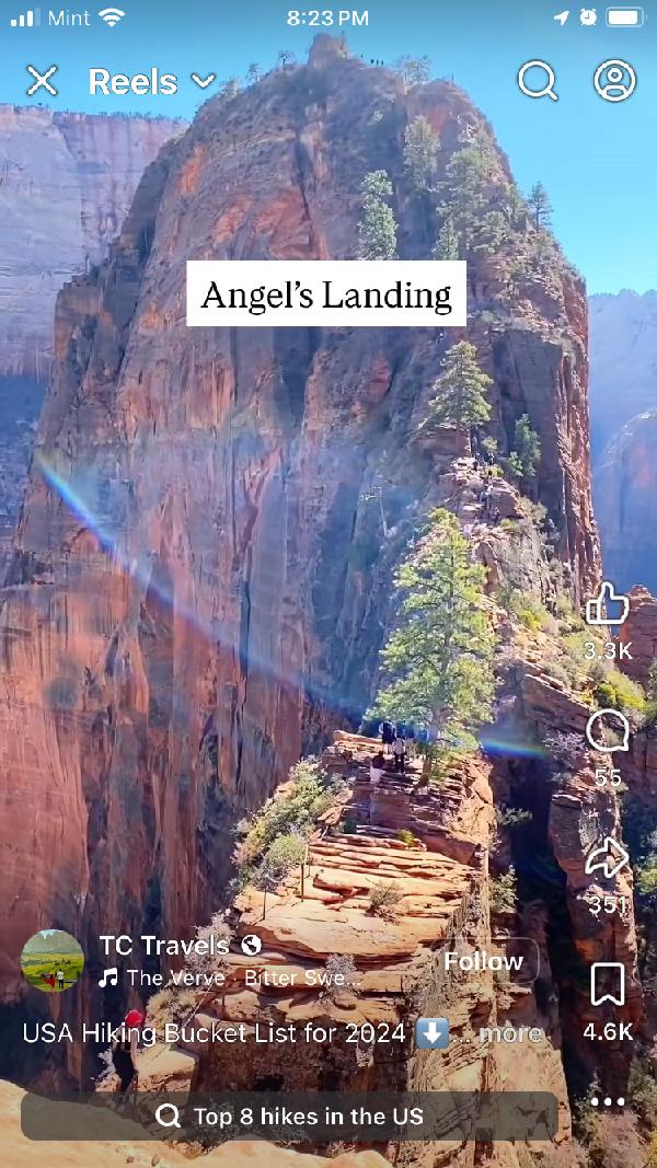 An Instagram reel of top 8 hikes <br/> 
