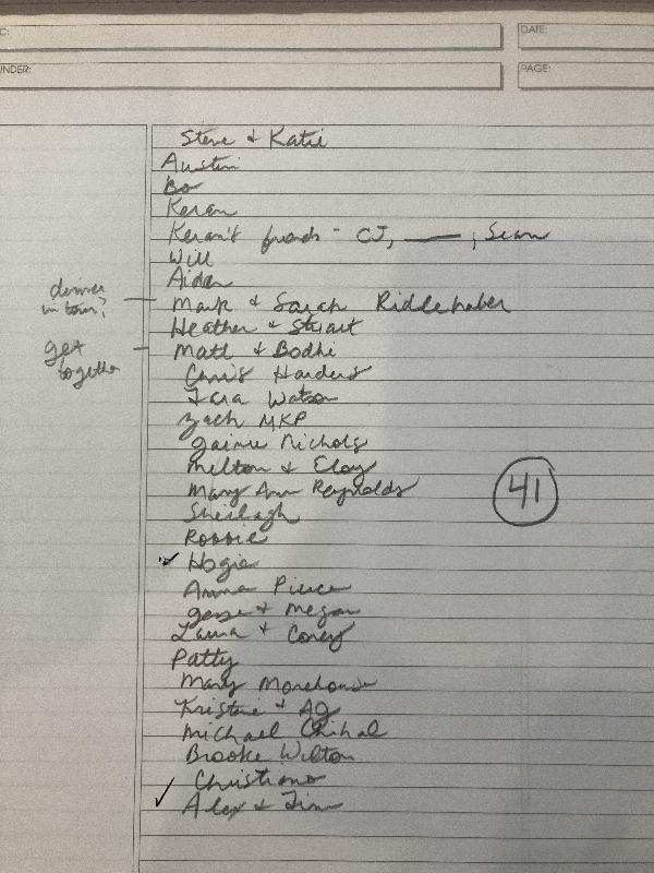 Guest list from our housewarming party 