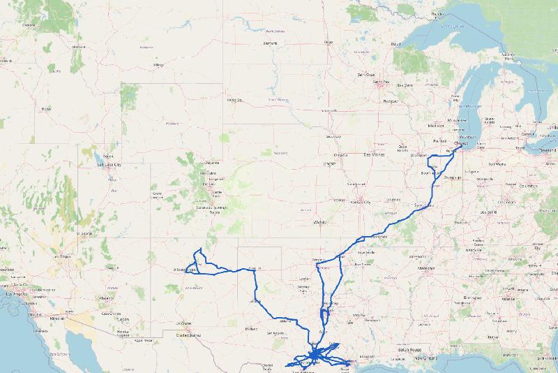 I used Teslamate to create this map showing all the places my car has ever been since I started using Teslamate. All the way to [Chicago and back](https://album.donie.us/personal/2025-06RoadTriptoIllinois/2025-06RoadTriptoIllinois.html) and to Taos and back. Lots of places in between!